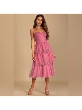 Lulu’s Sweetheart Style Mauve Polka Dot Bustier Tiered Midi Dress sz small
